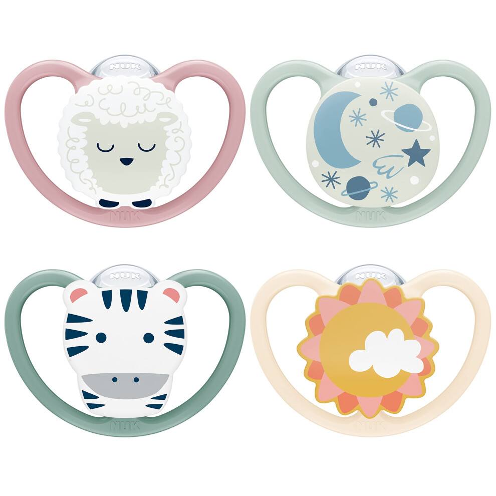 Space Day & Night Baby Dummy 6-18 Months Glow-in-the-Dark Soothers with Extra Ventilation for Sensitive Skin BPA-Free Silicone Zebra & Sheep 4 Count