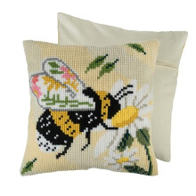 Cross Stitch Cushion Kit, Cushion Back Included, Pre Printed Canvas, Yarn and Needle Included 40 x 40cm (15.75 x 15.75in), Floral Bee