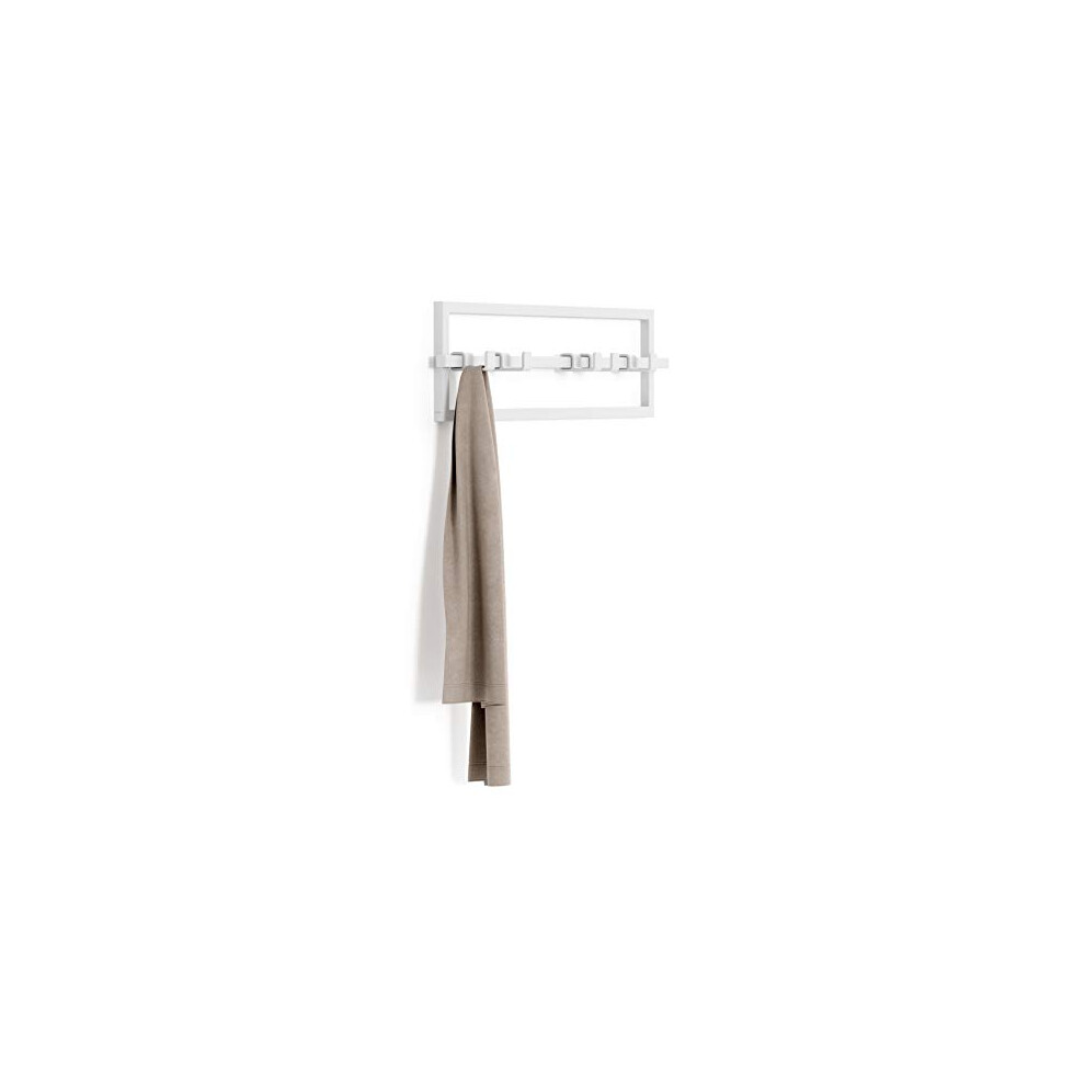 Wall Mounted Modern, Sleek, Space-Saving Hanger with Retractable Hooks to Hang Coats, Scarves, Purses and More, Steel, White, 5