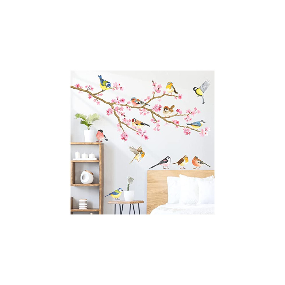 Decowall Dwl-1904N Cherry Blossom & Garden Birds Kids Wall Stickers Decals Peel And Stick Removable For Nursery Bedroom Living Room Art Murals Decorations