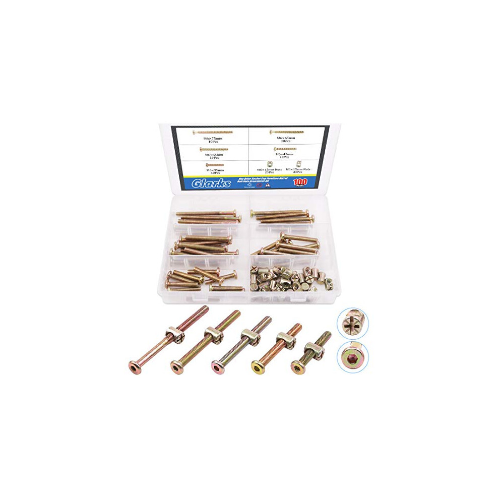 100Pcs Zinc Plated M6 Hex Socket Head Cap Screws Bolts Furniture Bolts With Barrel Nuts Assortment Kit - 35Mm / 45Mm / 55Mm / 65Mm / 75Mm 763383619718