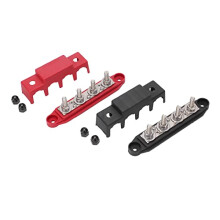 4 Terminal Distribution Block, Black + Red M8 4 Stud Power Distribution Block Busbars with 2 Cover and 4 Nuts, for Cars, RVs, Boats, Yachts