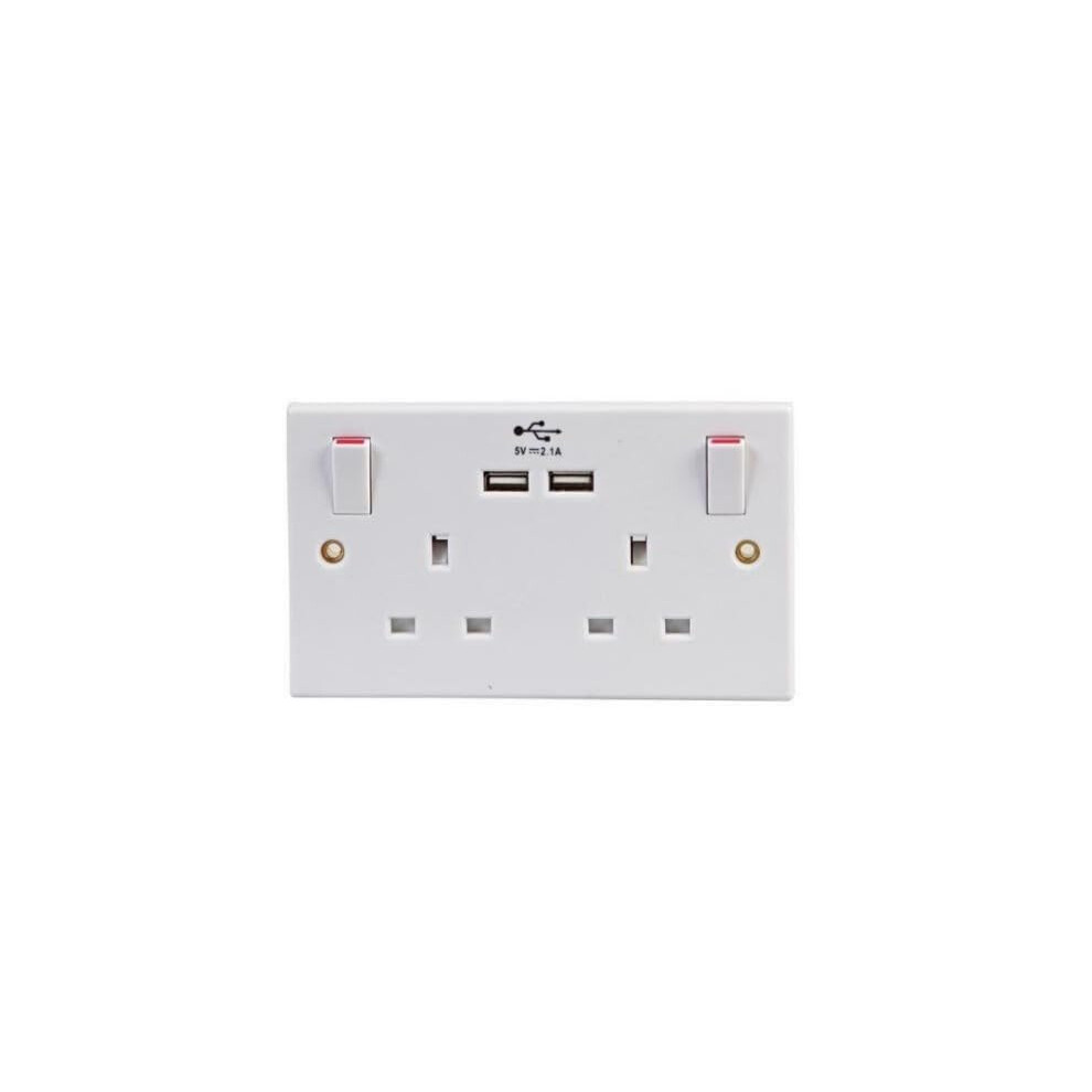 Double Wall Plug Socket 2 Gang 13A With 2 Usb Charger Port Outlets Plate White 5060950256112