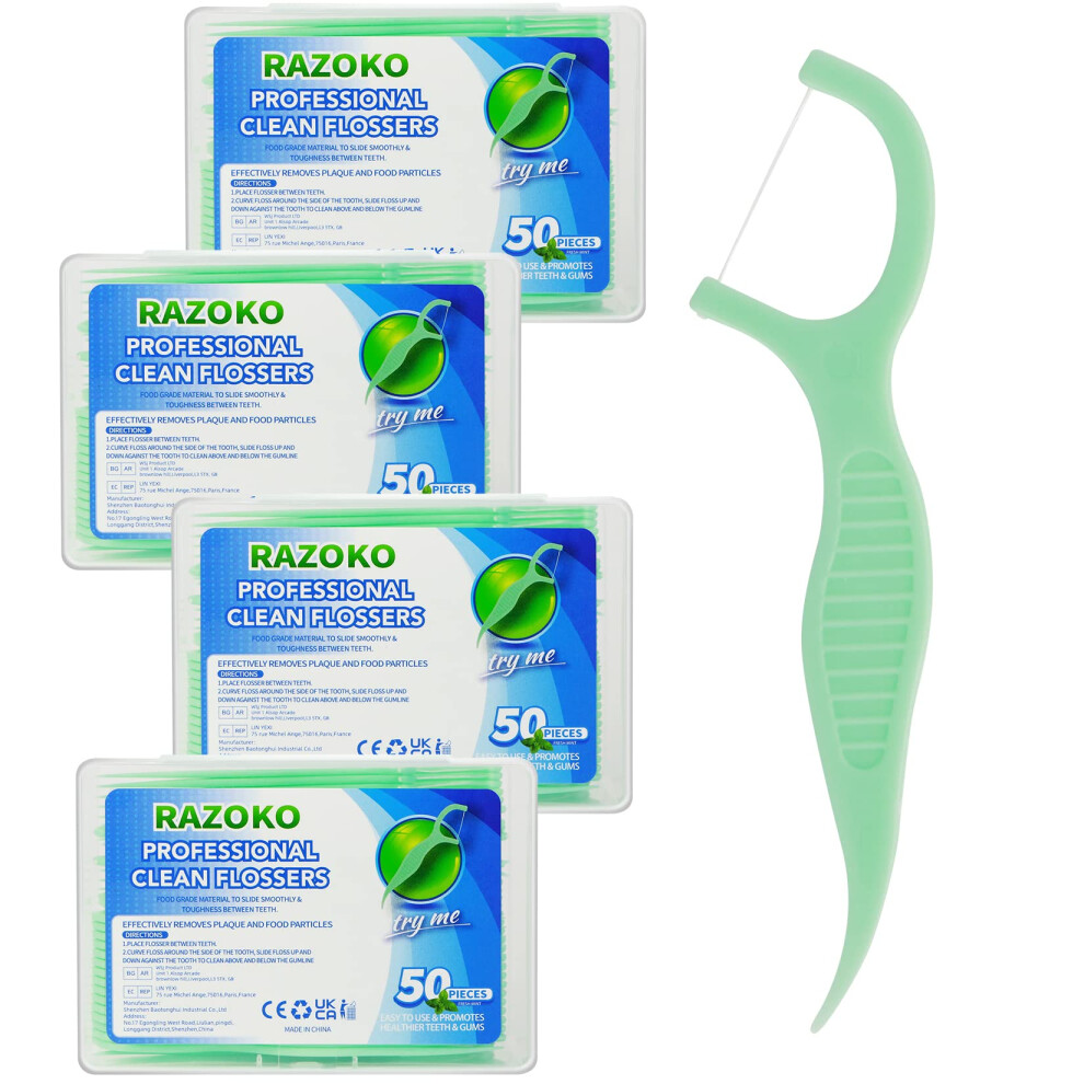 Razoko Dental Floss Picks Extra Strong Flosser Pick Toothpicks Fresh Mint 200 Count (4Pack)