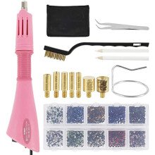 Hot fix Applicator kit, Hot Fix Rhinestone Setter Tool, Hot drill,Tweezers, Boxed Drill, 7 Tips, 2 Pickers, Wire Brush, Stand, Bag(Pink)