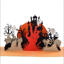 Halloween Spooky Haunted House Graveyard Pop Up 3D card. A delightful halloween surprise greeting card for kids, children and family. For halloween