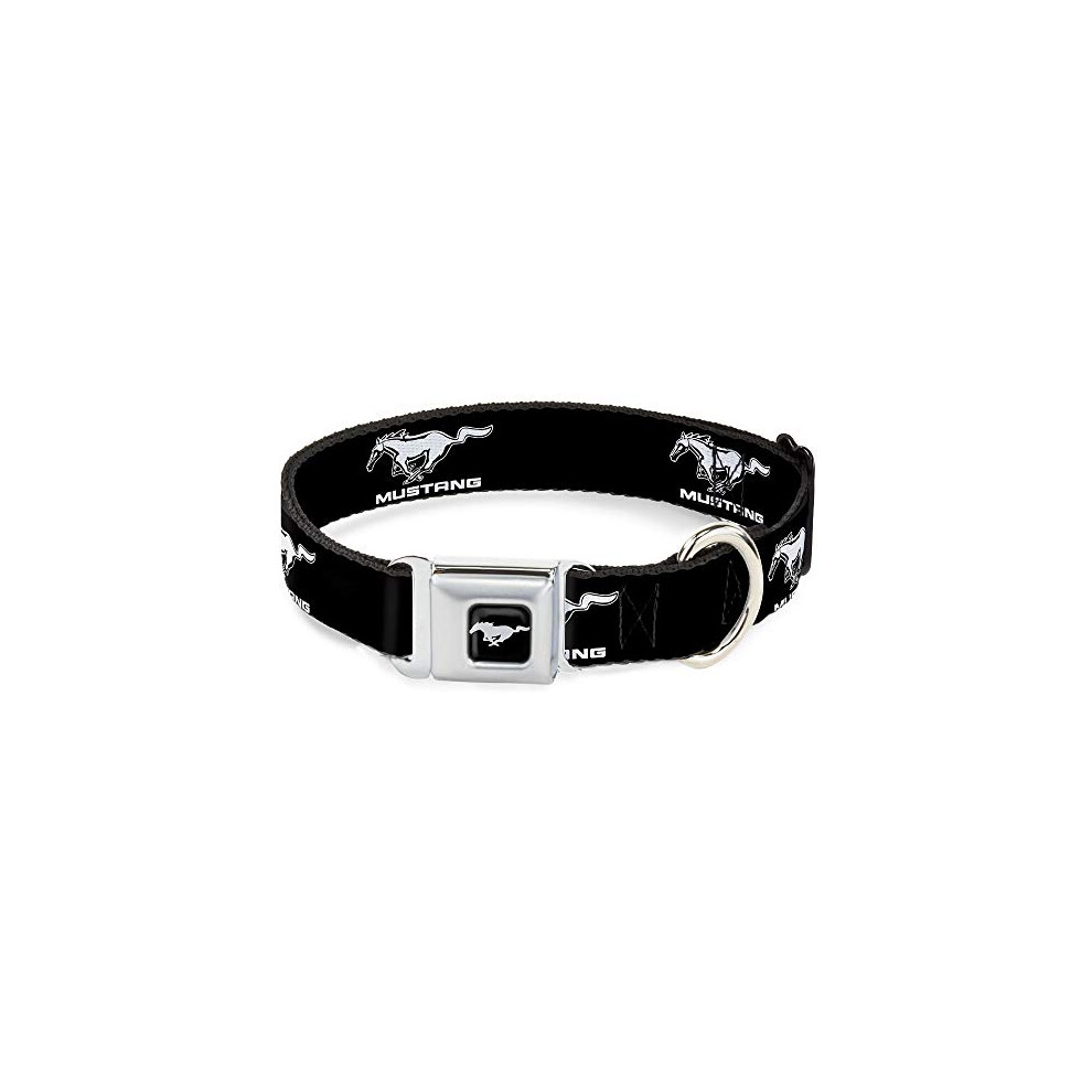 Buckle-Down White,Black Dog Collar Seatbelt Buckle Ford Mustang Black White Logo Repeat, 1.5" Wide - Fits 18-32" Neck - Large (Dc-Wfm001-Wl)