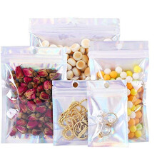 200 Pcs Holographic Color Foil Pouch Bag, 4 Sizes Reusable Colorful Mylar Foil Bag Resealable Aluminum Zip Lock Bags Mylar Foil Bag for Candy Nuts