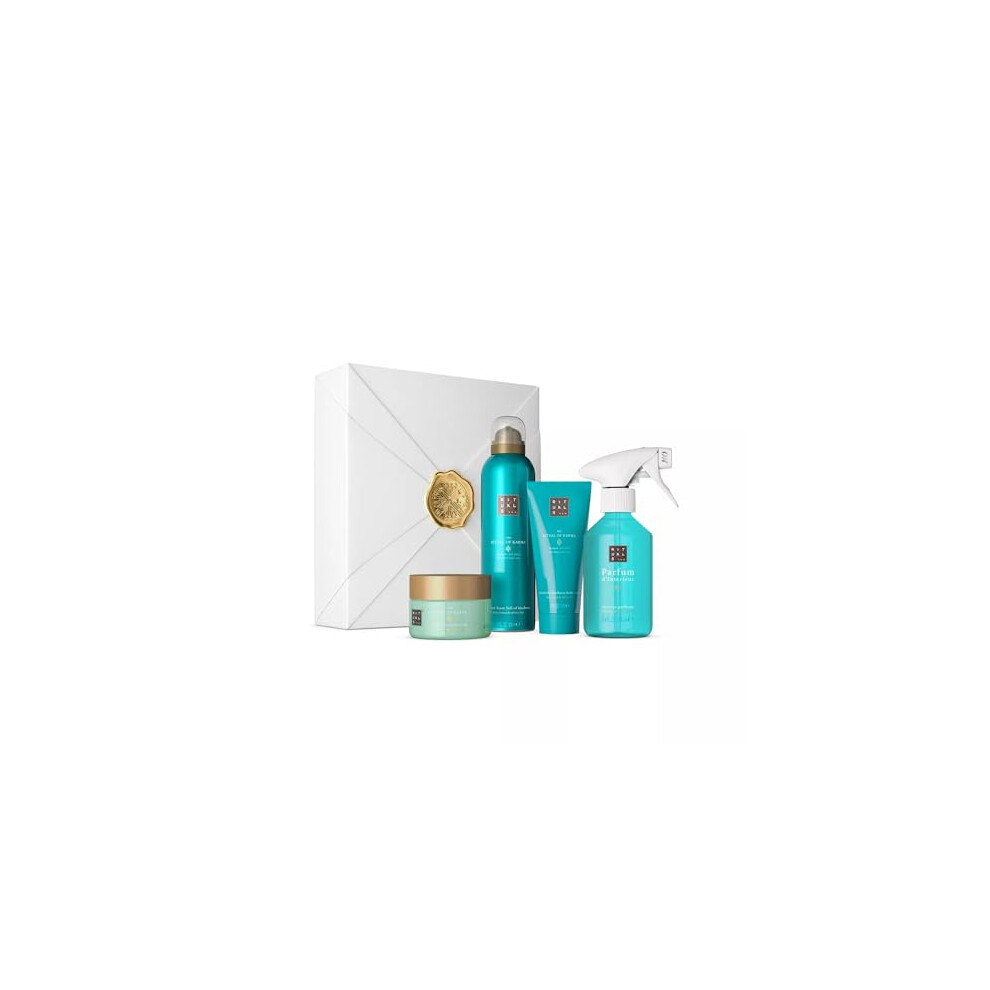 Gift Set from The Ritual of Karma - Foaming Shower Gel, Parfum d'Interieur, Body Cream and Body Scrub - with Summery Holy Lotus & White Tea - Medium,