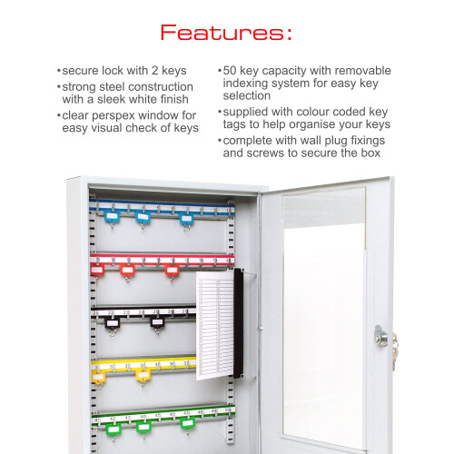 KC50HD 50-Hook Cabinet with Perspex Window for Easy Visual Check Adhustable hoo Rails, Tags Identification Chart. Secure Lock with 2 Keys. All Wall 1