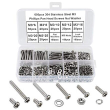 600Pcs M3 Screw Assortment Kit 304 Stainless Steel Phillips Pan Head Machine Screws Bolts Nuts Lock Flat Washers with Storage Box