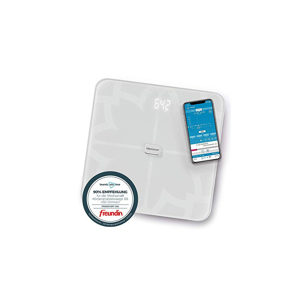 Medisana White Bs 450 Connect, Digital Body Analysis Scale 180 Kg / 396 Lbs Personal Scale For Measuring Body Fat, Body Water, Muscle Mass And Bone Weight,
