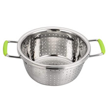 Stainless Steel Double-Handle Colander Deep Micro-Perforated 2.5 Quart Metal Food Strainer with Green Silicone Handles for Draining Pasta friuts