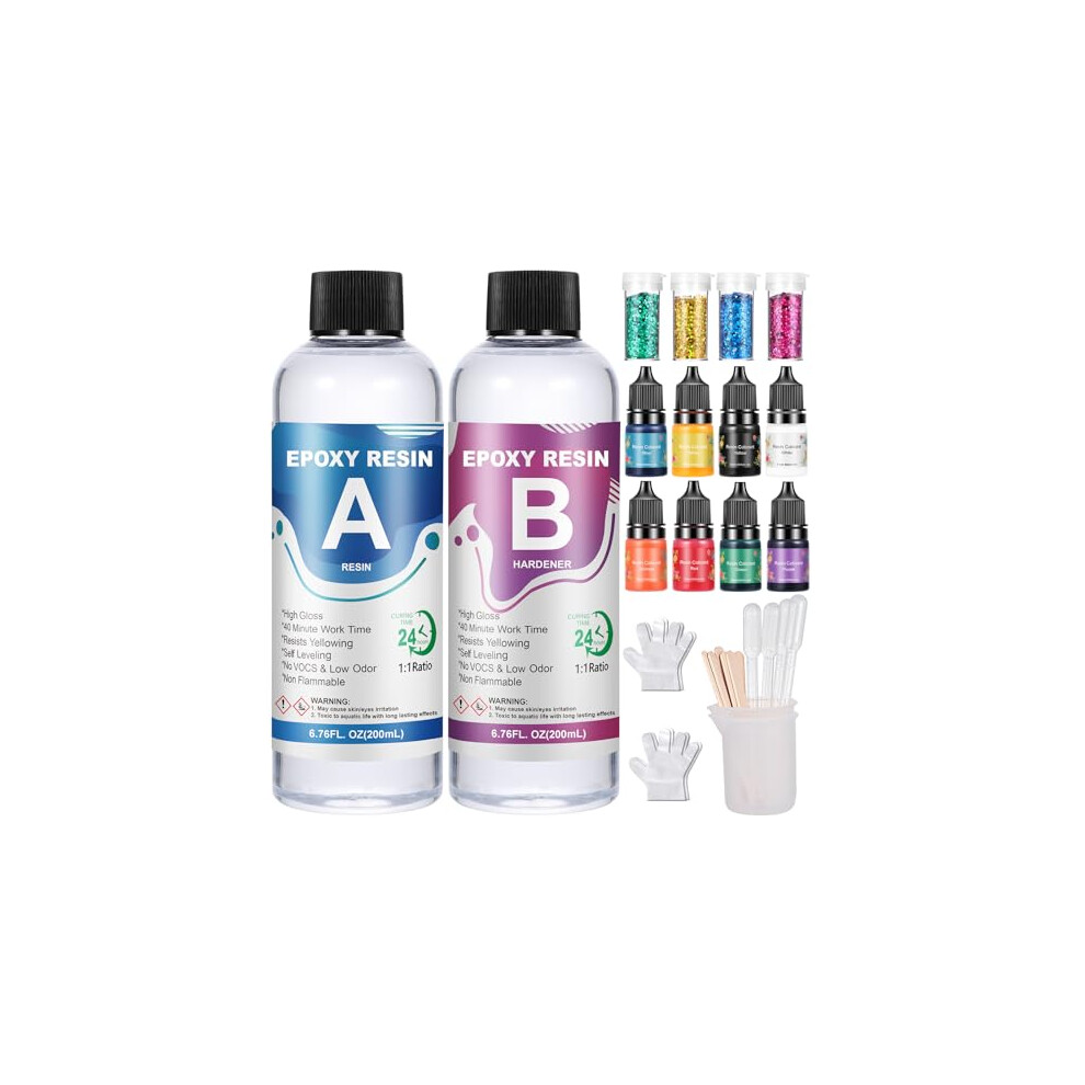 Epoxy Resin Kit 400ml, Crystal Clear Resin Kits for Beginners, Resin Accessories with Resin Pigment, Glitter, Silicone Measuring Cups, Casting Epoxy