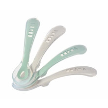 BÉABA - Silicone Spoon for Baby and Children - Set of 4 - Stage 2 - Soft - Rounded tip - Ergonomic Handle - Velvet Grey/sage Green