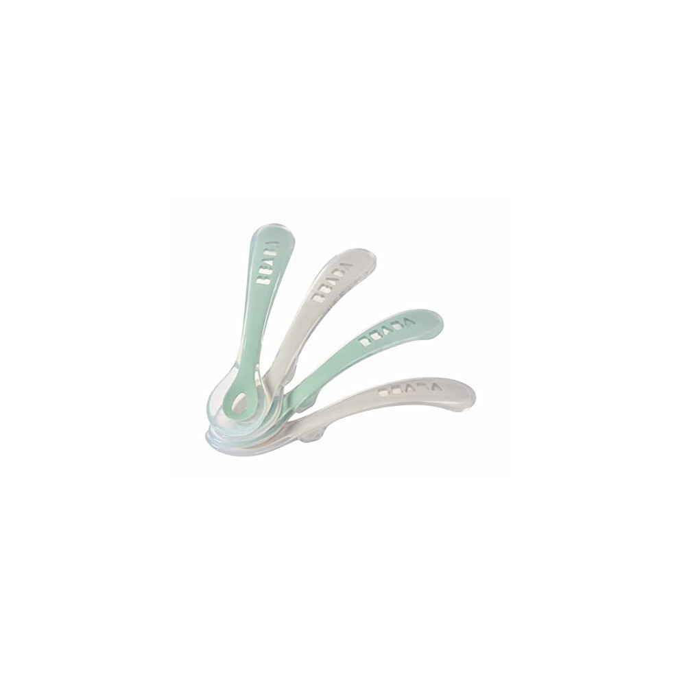 BÃABA - Silicone Spoon for Baby and Children - Set of 4 - Stage 2 - Soft - Rounded tip - Ergonomic Handle - Velvet Grey/sage Green