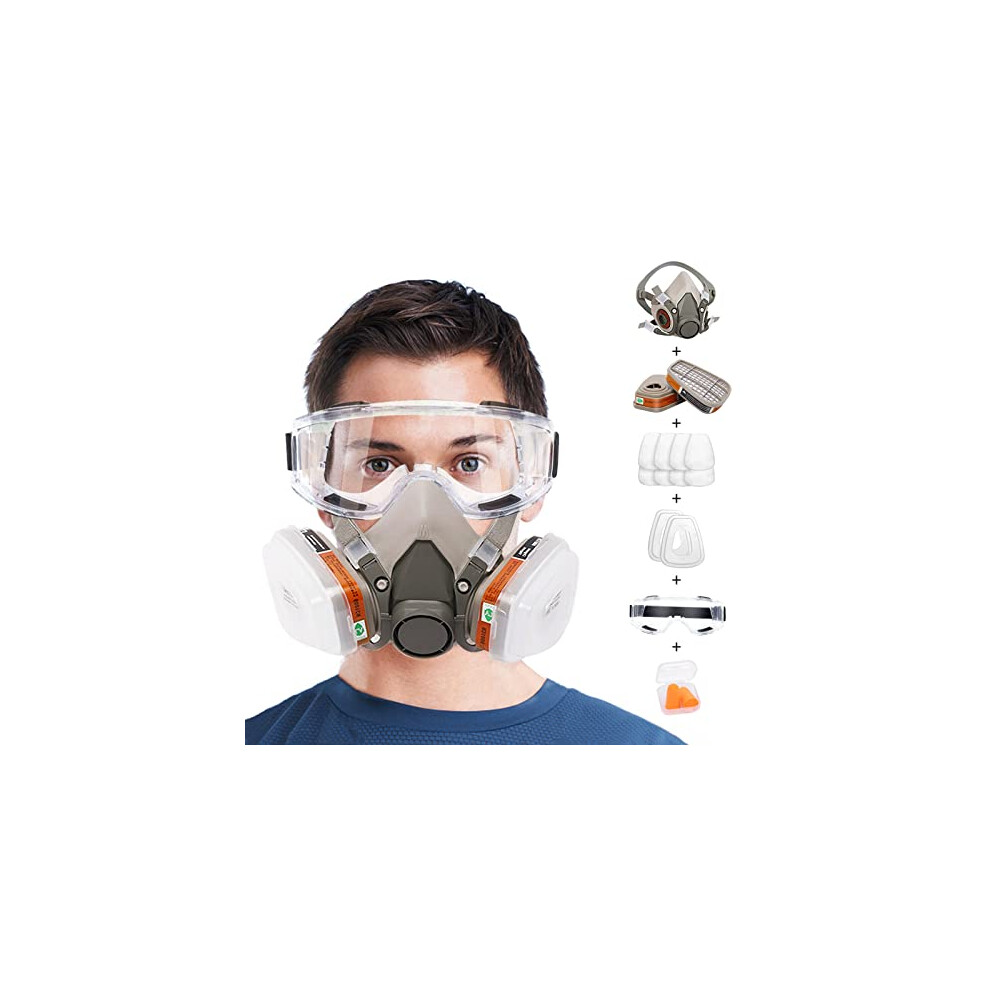 Chemical Respirator with Filters and Goggle Earplug Dust Cover Gas Paint Respirator for Epoxy Resin, Welding Woodworking, Polishing, Spraying, Mold
