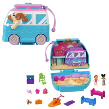 Polly Pocket Puppen- und Spielset „Seaside Puppy Ride“, kompakt mit 11 Zubehörteilen, Reisespielzeug mit Fidget-Außenseite