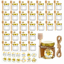 Mini Glass Honey Jars, 1.5 oz Hexagon Honey Jars with Wooden Dipper, Gold Lids, Gold Bee Pendants, Jutes, Bee Stickers, 30 Pack Honey Jars Perfect for