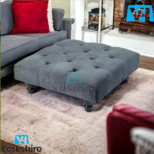 (Charcoal) Chesterfield Upholstered Pouffe Stool 60x60x25cm 2