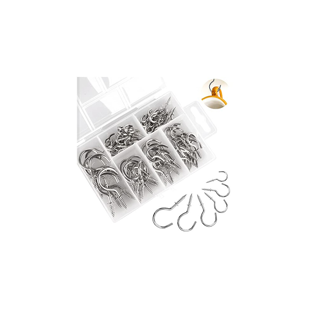 Small Hooks Screw in, 6 Sizes Metal Screw Hooks for Wood, 75PCS Cup Hooks Screw in, Sliver Screw in Hooks for Hanging Mug Key and Garden Lights