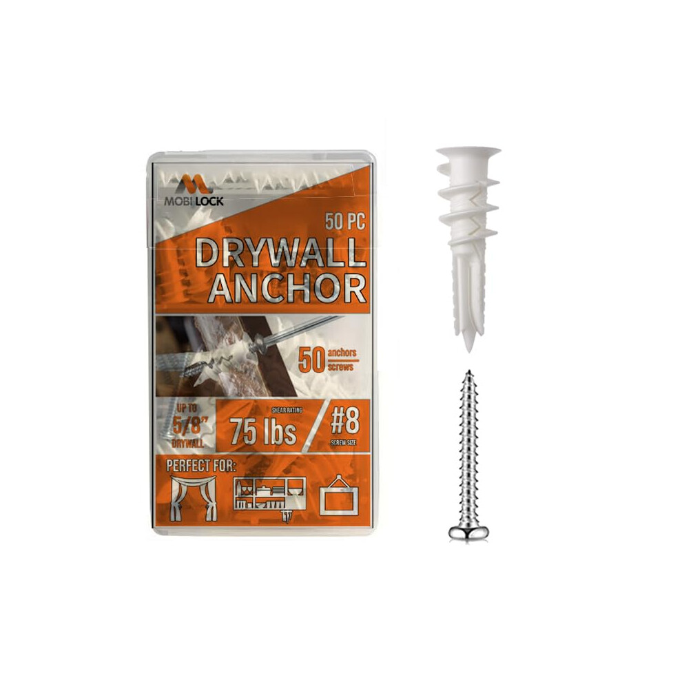 Pack Of 50 Self Drilling Drywall Anchors #8 And 50 Philips Pan Head Self Tapping Screws For Gypsum Boards & Drywalls Or Plasterboard - Holds Up To 75 5060365209581