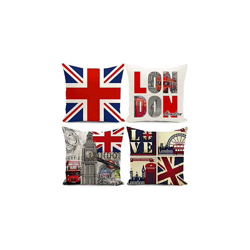 Union Jack Cushion Covers London England UK Flag Decorations Gifts Vintage Throw Pillow Cover 18x18 inch Set of 4 Decor Home for LivingRoom Bedding