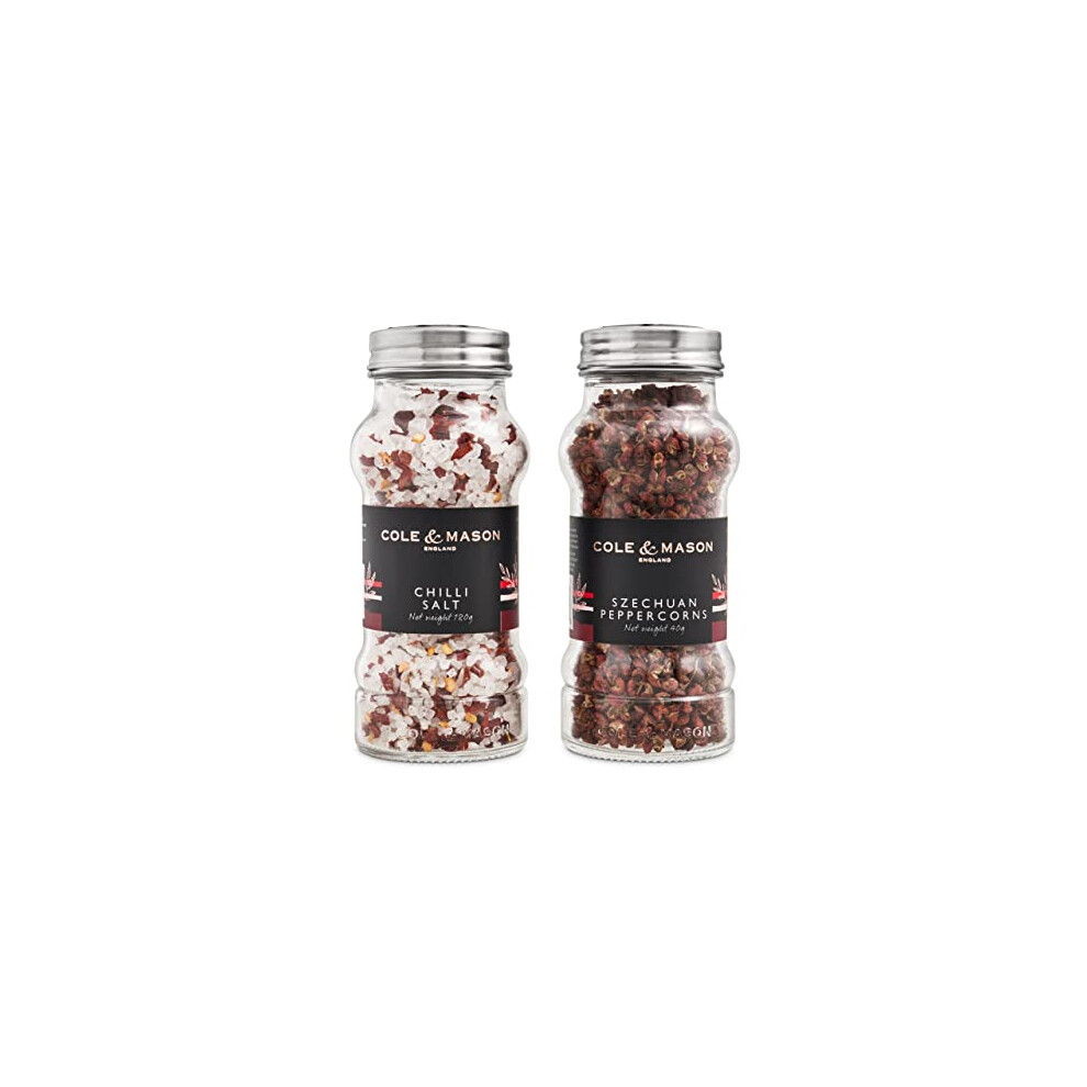 HFSP165 Premium Aromatic Salt and Pepper Refill Jars, Chilli Salt (165g), Szechuan Peppercorns (35g), Glass, 140 mm, Gift Set, Includes 2 x Salt and