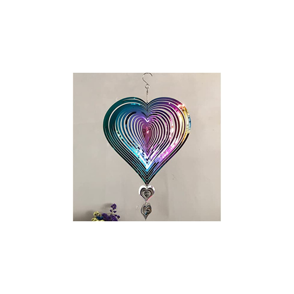 Wind Spinner Outdoor Metal Decorations,Purple-Green Gradient Love Heart 3D StainlessMetal Hanging Wind Spinners Spiral Heart Wind Chime 360 Degrees