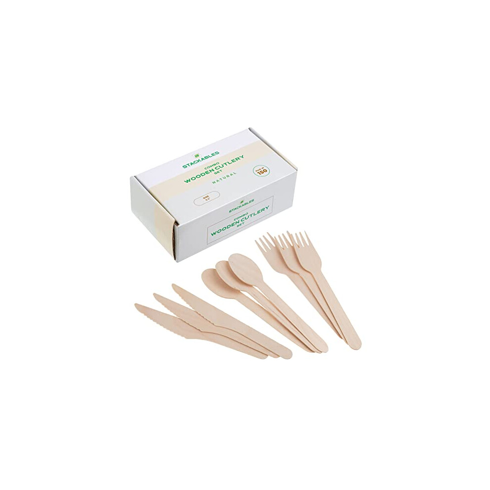 Disposable Wooden Cutlery Sets ~ 150 Piece Forks Spoons & Knives 50 Of Each ~ 16cm Bamboo Biodegradable Compostable Eco Friendly Cutlery Set