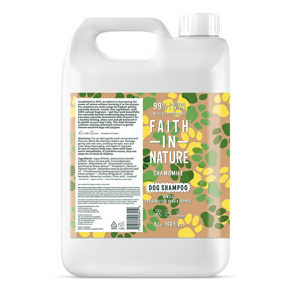 Natural Chamomile Dog Shampoo, Vegan & Cruelty Free, No SLS or Parabens, Gentle, For Sensitive Dogs and Puppies, 5L Refill Pack