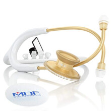 MDF Acoustica Lightweight Stethoscope for Doctors, Nurses, Students, Home Health Use, Adult, Dual Head, White Tube, Gold Chestpiece-Headset,