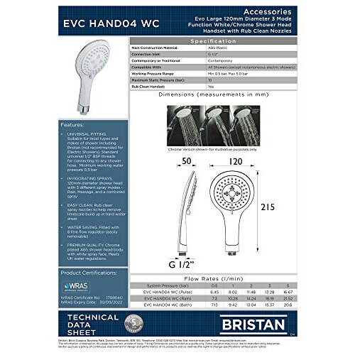Bristan Evo Large 120 mm Diameter 3 Mode Function White/Chrome Shower Head Handset with Rub Clean Nozzles (EVC HAND04 WC) 1