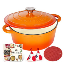 5L Enamelled Cast Iron Round Casserole Dish With Lid,26cm, Cookbook -Non-stick Dutch Oven for Braising, Stews, Roasting, Bread Baking