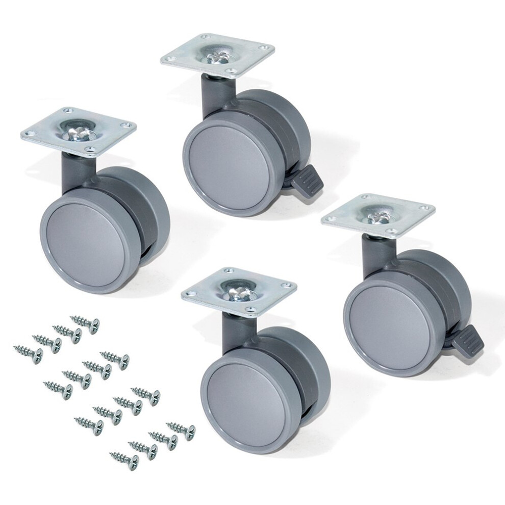 2036421 Pack Of 4 Grey Swivel Castors For Furniture (2 With Brake And 2 Without Brake) 50Mm Diameter With Fixing Plate And Ball Bearings 8432393001517