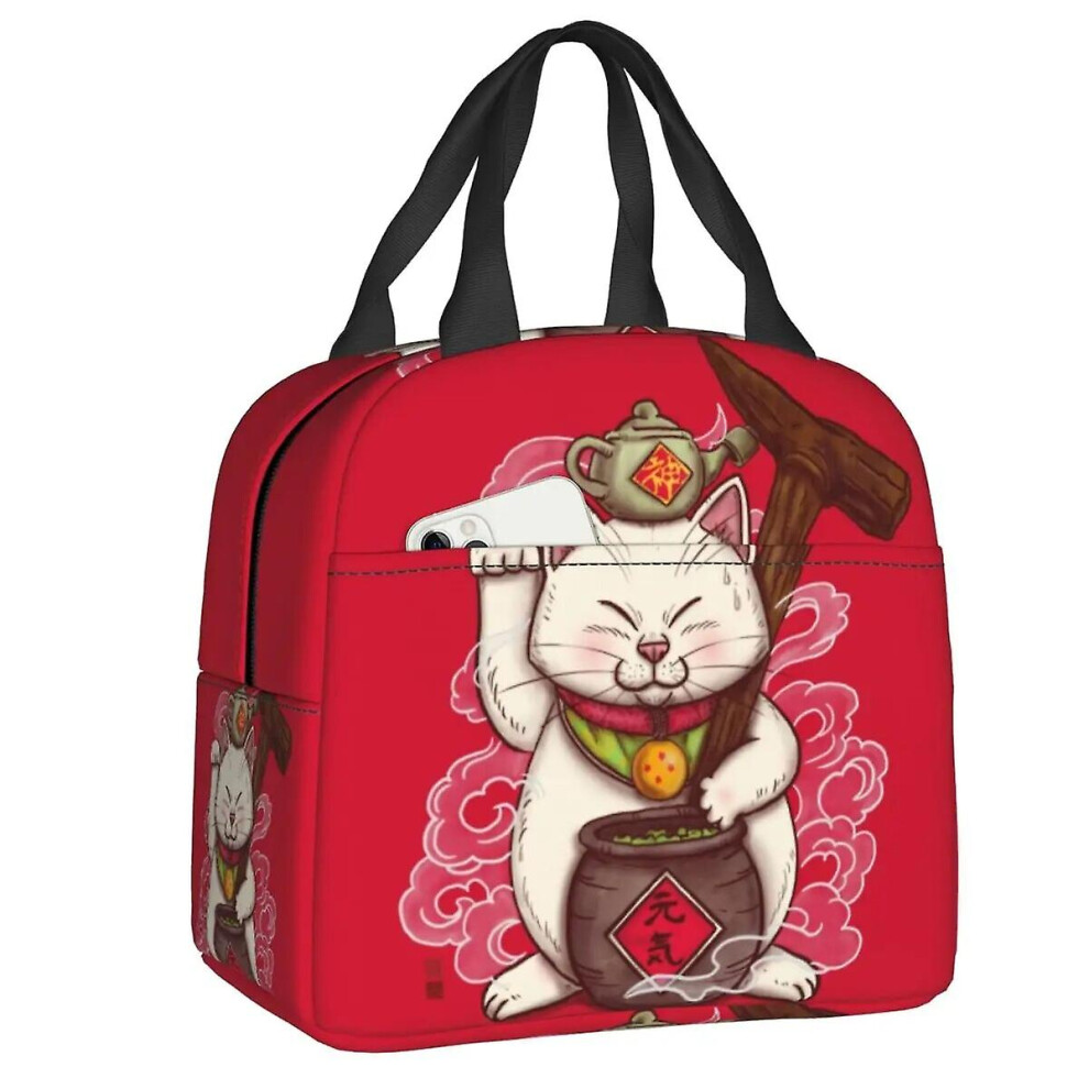 (7) Kawaii Maneki Neko Insulated Lunch Bags For Women Lucky Cat Portable Thermal Cooler Bento Box Work School Travel