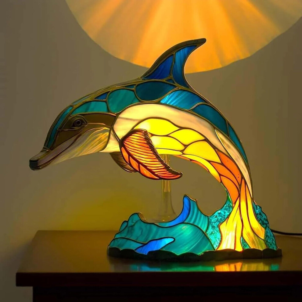 (Dolphin Shape) Stained Glass Table Lamp Animal Shap Moroccan Night Stand Lamp, Bohemian Painting Night Light Decorative Bedside Lamps Decor-image-OPC-PDWKH5Q-NEW