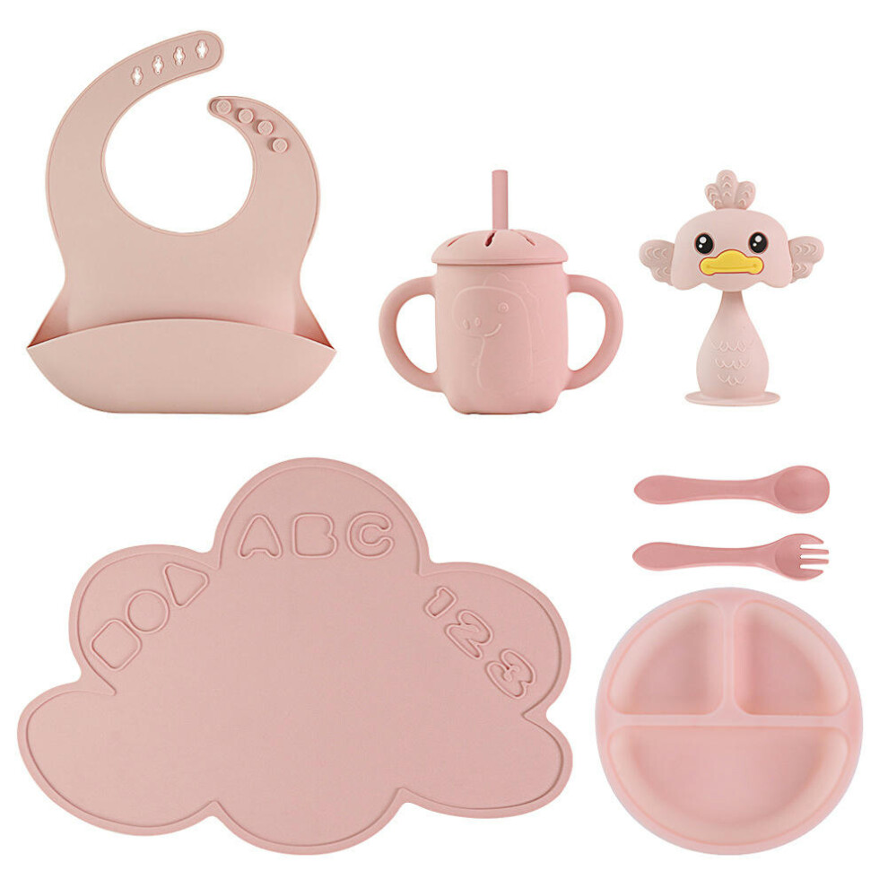 (Pink cutlery set meal mat+divided plate+bib+dinosaur straw cup+silicone spoon fork+duck gum) Silicone Children's Dining Plate Set, Baby Tableware, Ba