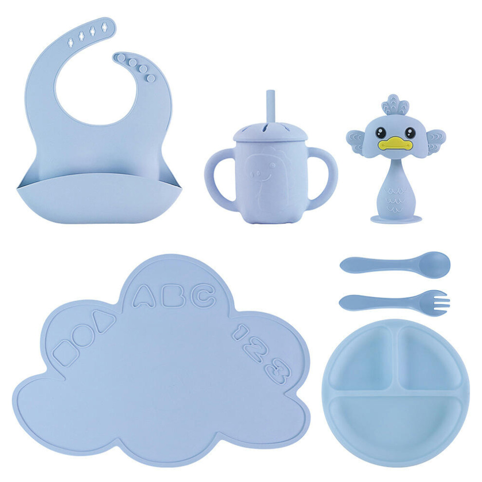 (Light blue tableware set meal mat+divided plate+bib+dinosaur straw cup+silicone spoon fork+duck gum) Silicone Children's Dining Plate Set, Baby Table