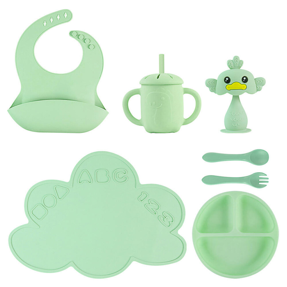 (Green tableware set meal mat+divided plate+dinosaur straw cup+bib+silicone spoon fork+duck tooth glue) Silicone Children's Dining Plate Set, Baby Tab