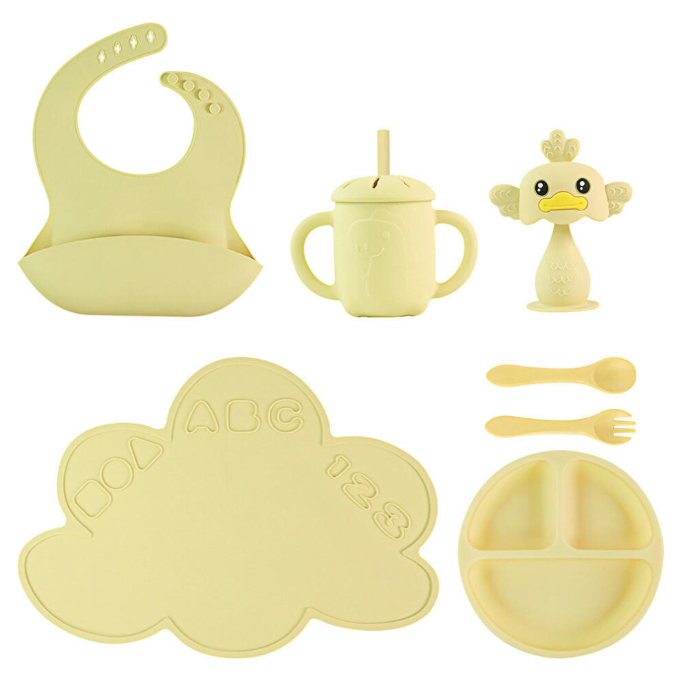 (Light yellow tableware set meal mat+divided plate+dinosaur straw cup+bib+silicone spoon fork+duck gum) Silicone Children's Dining Plate Set, Baby Tab