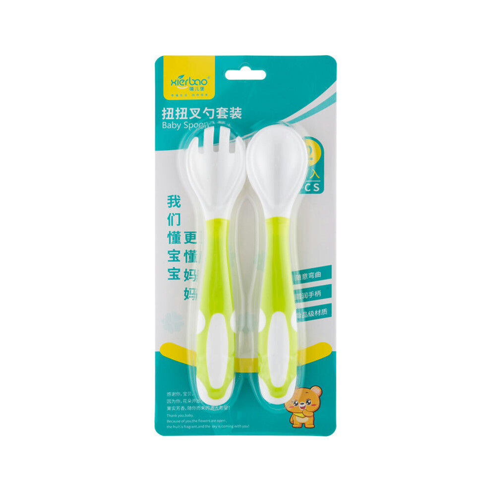 (Green (fork+spoon) card insert) Flexible Baby Twist Fork Spoon Set, Baby Bend Spoon, Warm Fork Spoon, Complementary Food Utensils, Learning To Eat Se