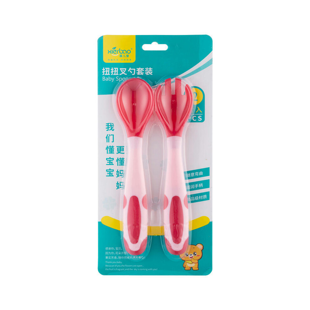 (Temperature sensitive red (fork+spoon) card insert) Flexible Baby Twist Fork Spoon Set, Baby Bend Spoon, Warm Fork Spoon, Complementary Food Utensils