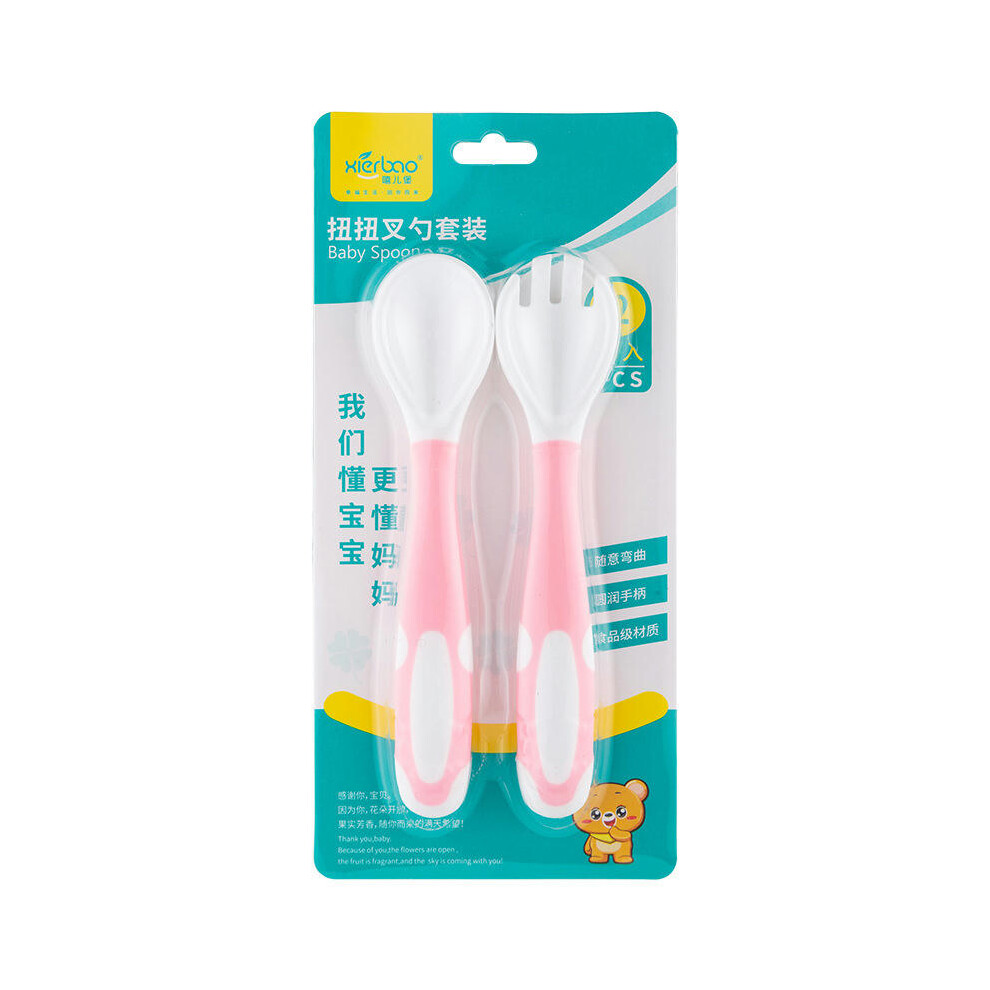 (Pink (fork+spoon) card insert) Flexible Baby Twist Fork Spoon Set, Baby Bend Spoon, Warm Fork Spoon, Complementary Food Utensils, Learning To Eat Set