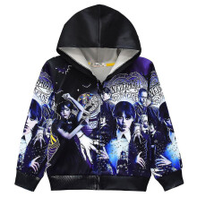 (6-7 Years) Kids Wednesday Addams Printed Hoodies Hooded Long Sleeve Jacket Zip Up Casual Coat Gifts For 4-9 Years_mi
