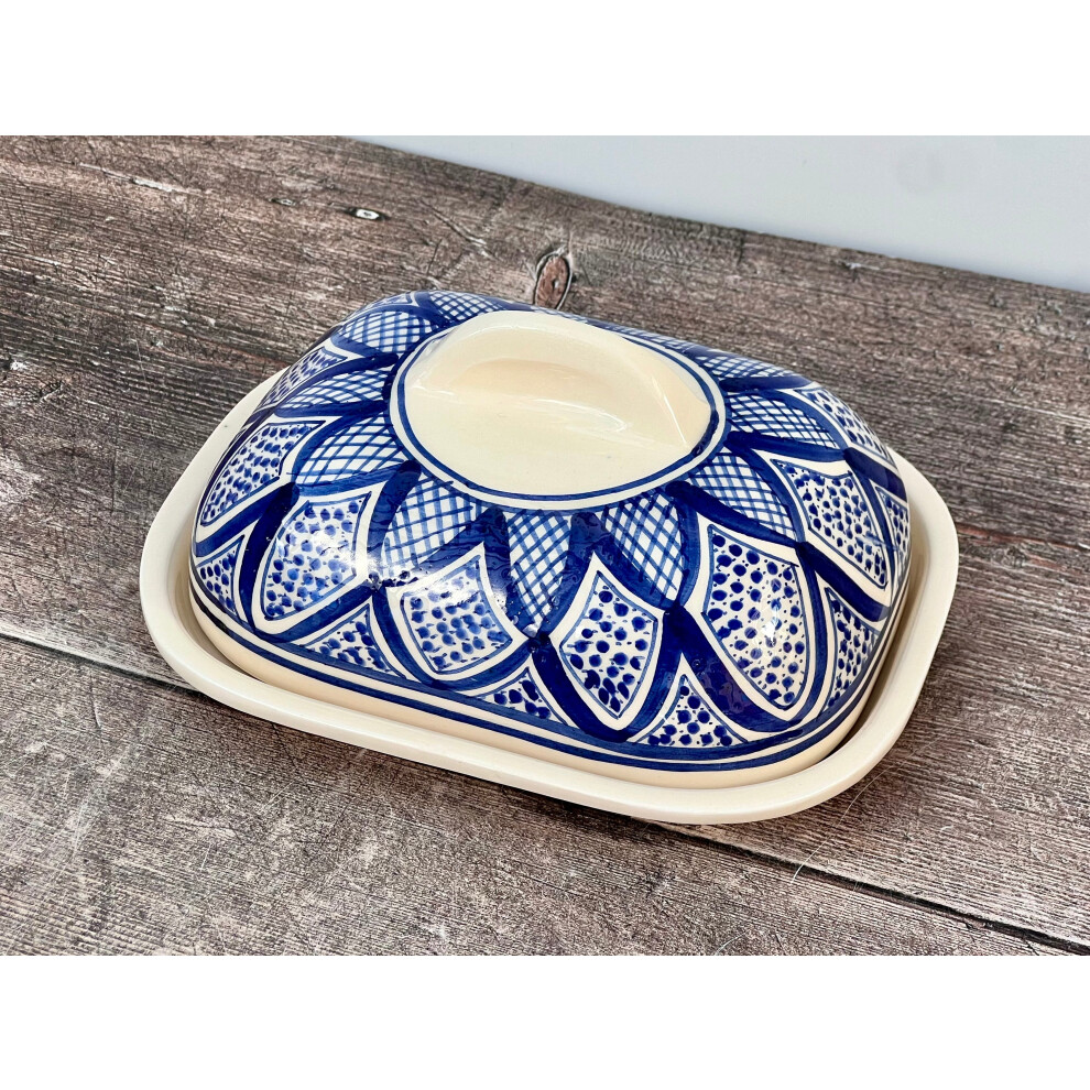 Blue and White Patterned Butter Dish