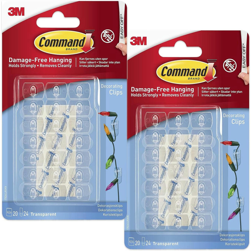 (2) Command Decorating Clips Pack of 20 Mini Hooks and 24 Small Strips x 2 Pack, Transparent - Hanging Clips for Christmas Decorations and Fairy Light