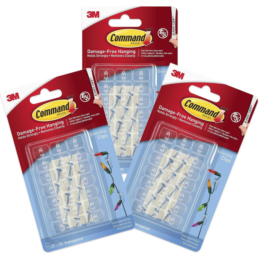 (3) Command Decorating Clips Pack of 20 Mini Hooks and 24 Small Strips x 2 Pack, Transparent - Hanging Clips for Christmas Decorations and Fairy Light