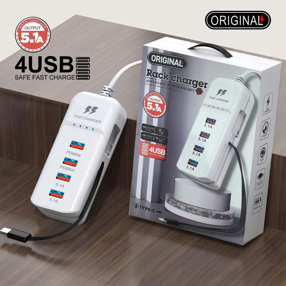 (British standard 4USB with packaging) Multi Port Charger Plug PD Port+USB With Type-C Socket Extension Cable