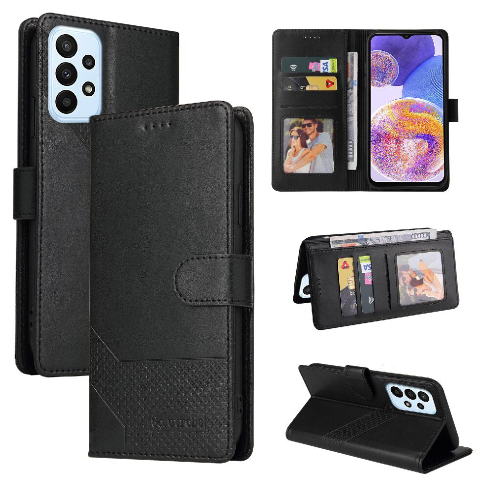 (Black) Flip Case For Samsung Galaxy A23 Kickstand Premium Leather Three Card Slots 4 Corner Protection Shockproof Black 764762758653